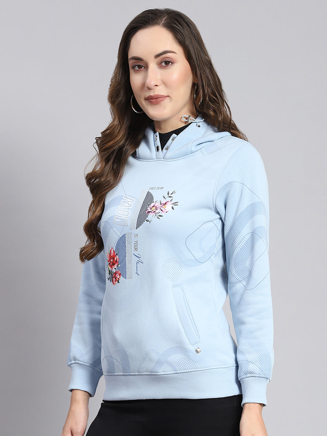 Women Blue Printed Hooded Full Sleeve Sweatshirts