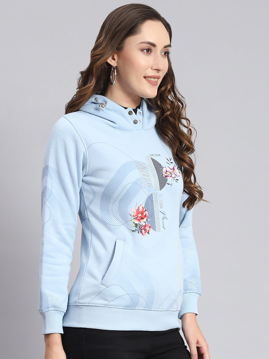 Women Blue Printed Hooded Full Sleeve Sweatshirts