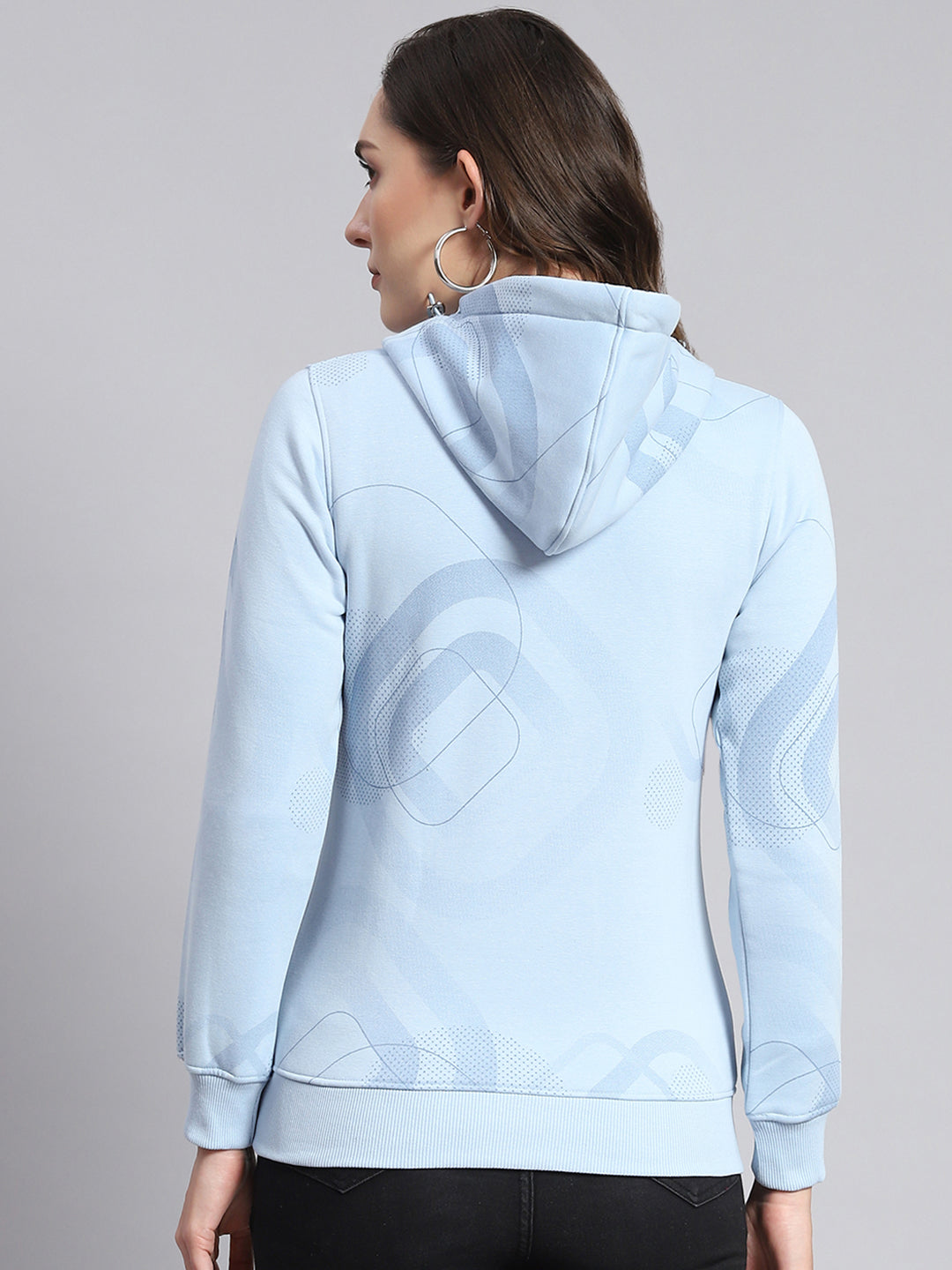 Women Blue Printed Hooded Full Sleeve Sweatshirts