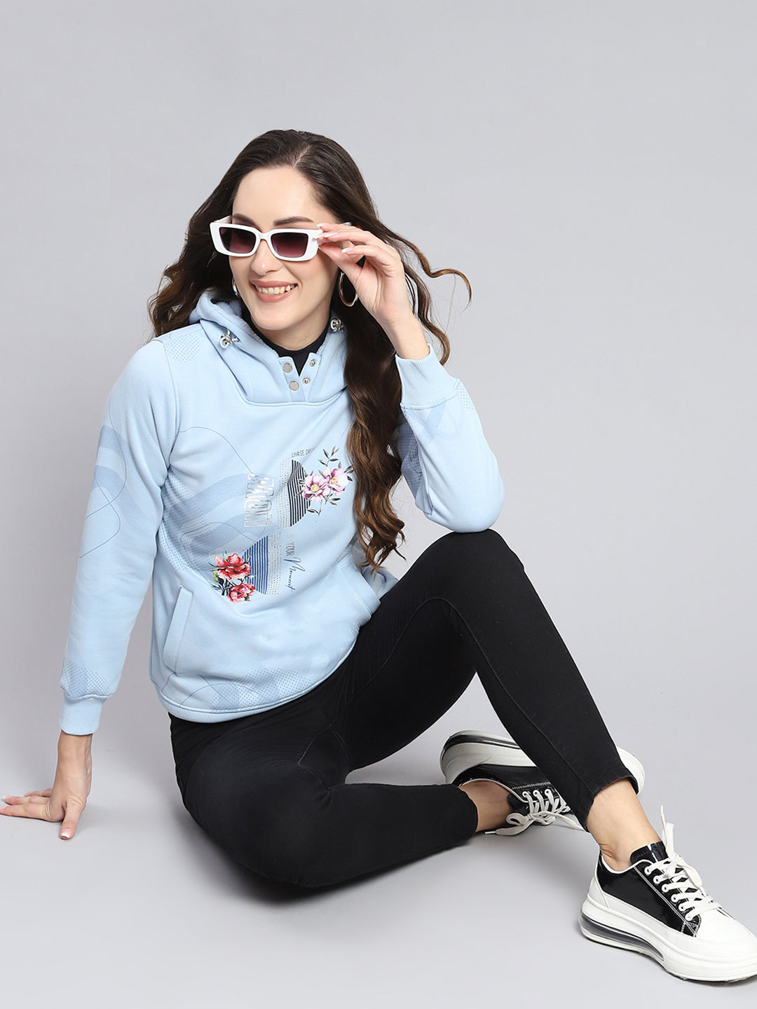 Women Blue Printed Hooded Full Sleeve Sweatshirts