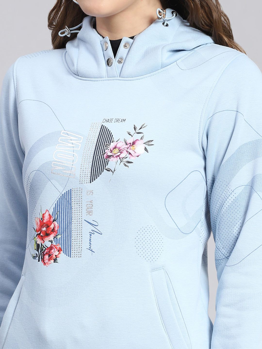 Women Blue Printed Hooded Full Sleeve Sweatshirts