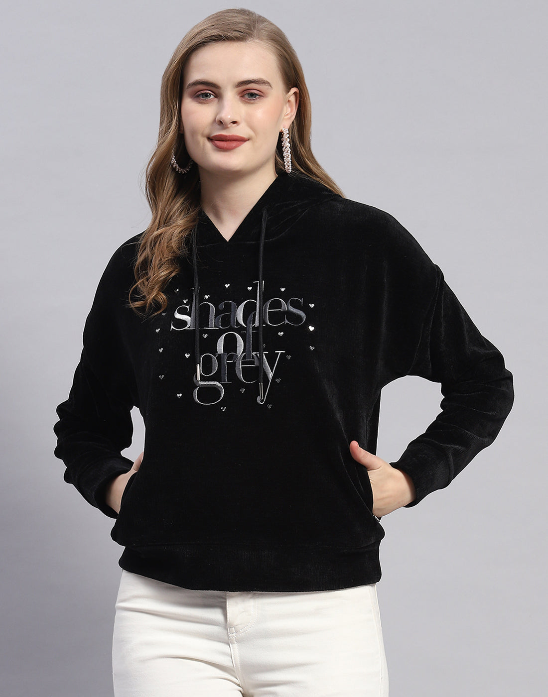 Women Black Embroidered Hooded Full Sleeve Sweatshirt