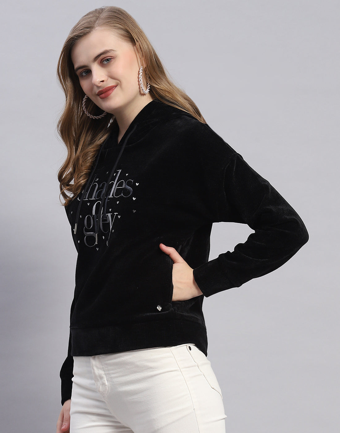 Women Black Embroidered Hooded Full Sleeve Sweatshirt