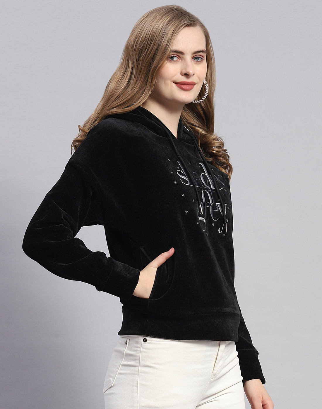 Women Black Embroidered Hooded Full Sleeve Sweatshirt