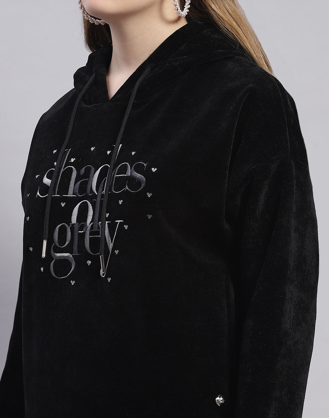 Women Black Embroidered Hooded Full Sleeve Sweatshirt