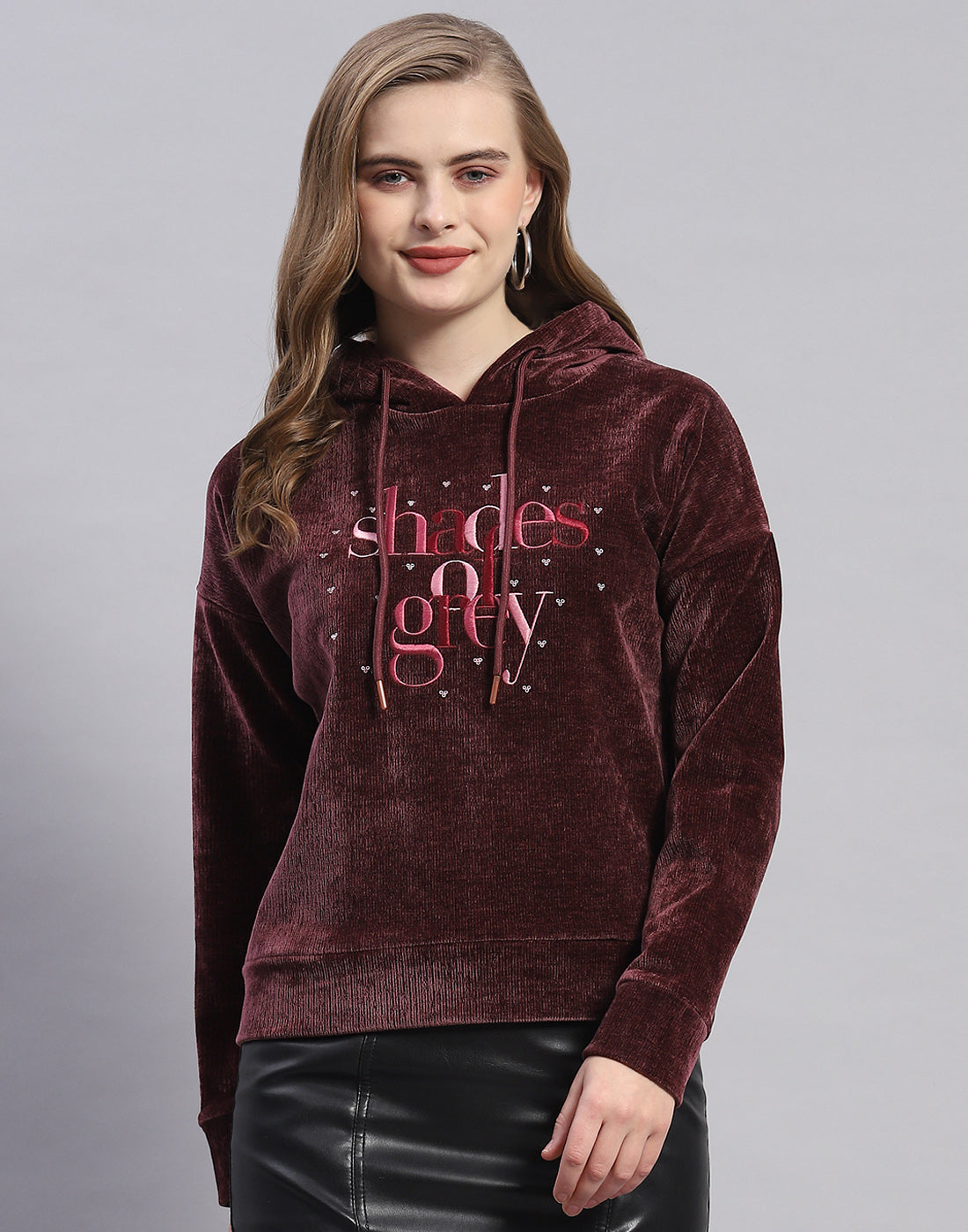 Women Maroon Embroidered Hooded Full Sleeve Sweatshirt