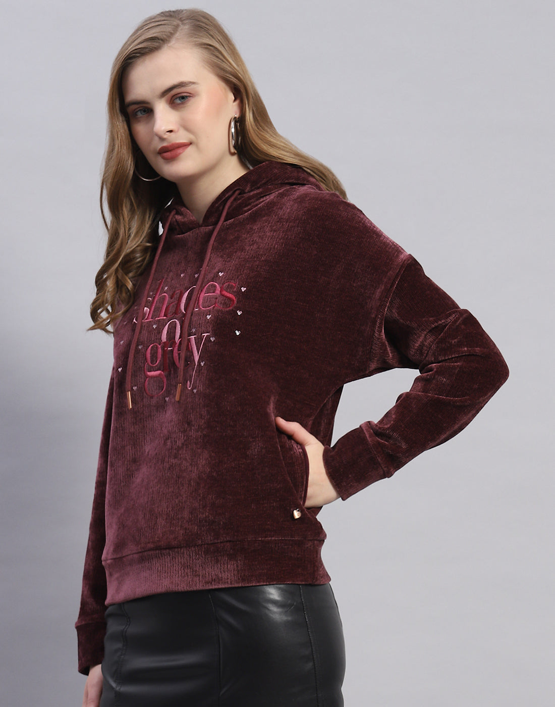 Women Maroon Embroidered Hooded Full Sleeve Sweatshirt