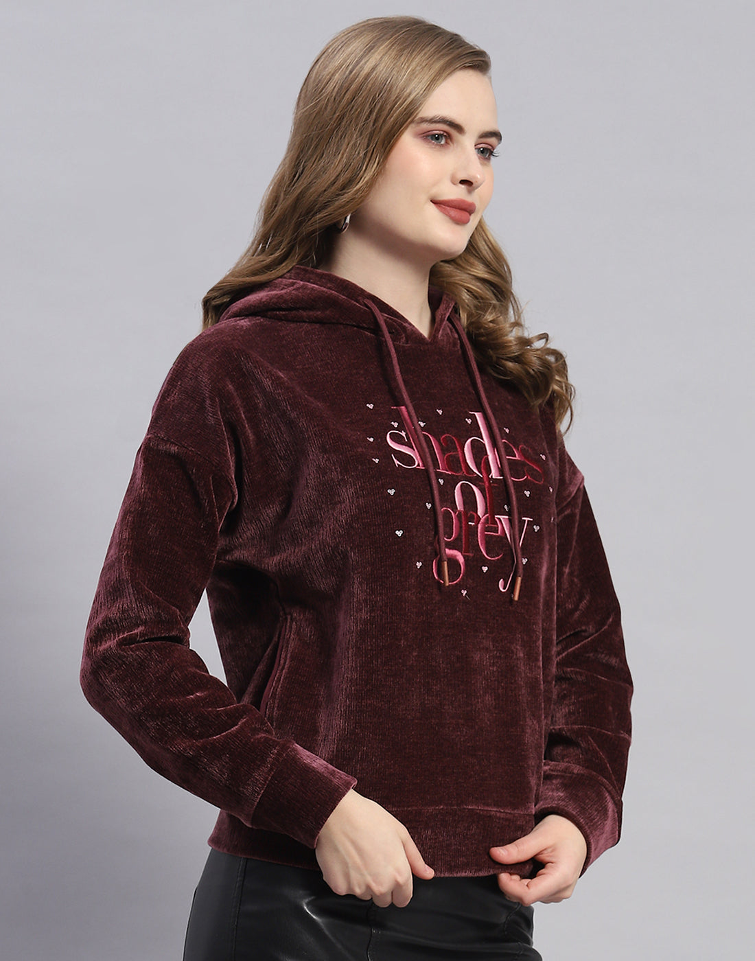 Women Maroon Embroidered Hooded Full Sleeve Sweatshirt