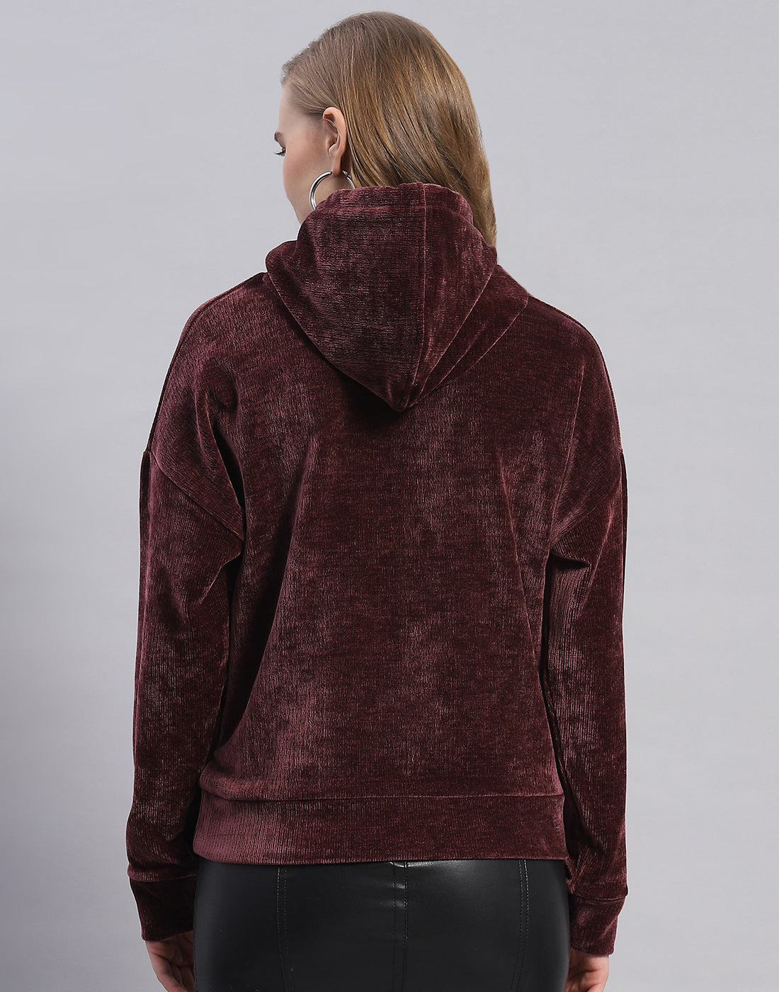 Women Maroon Embroidered Hooded Full Sleeve Sweatshirt