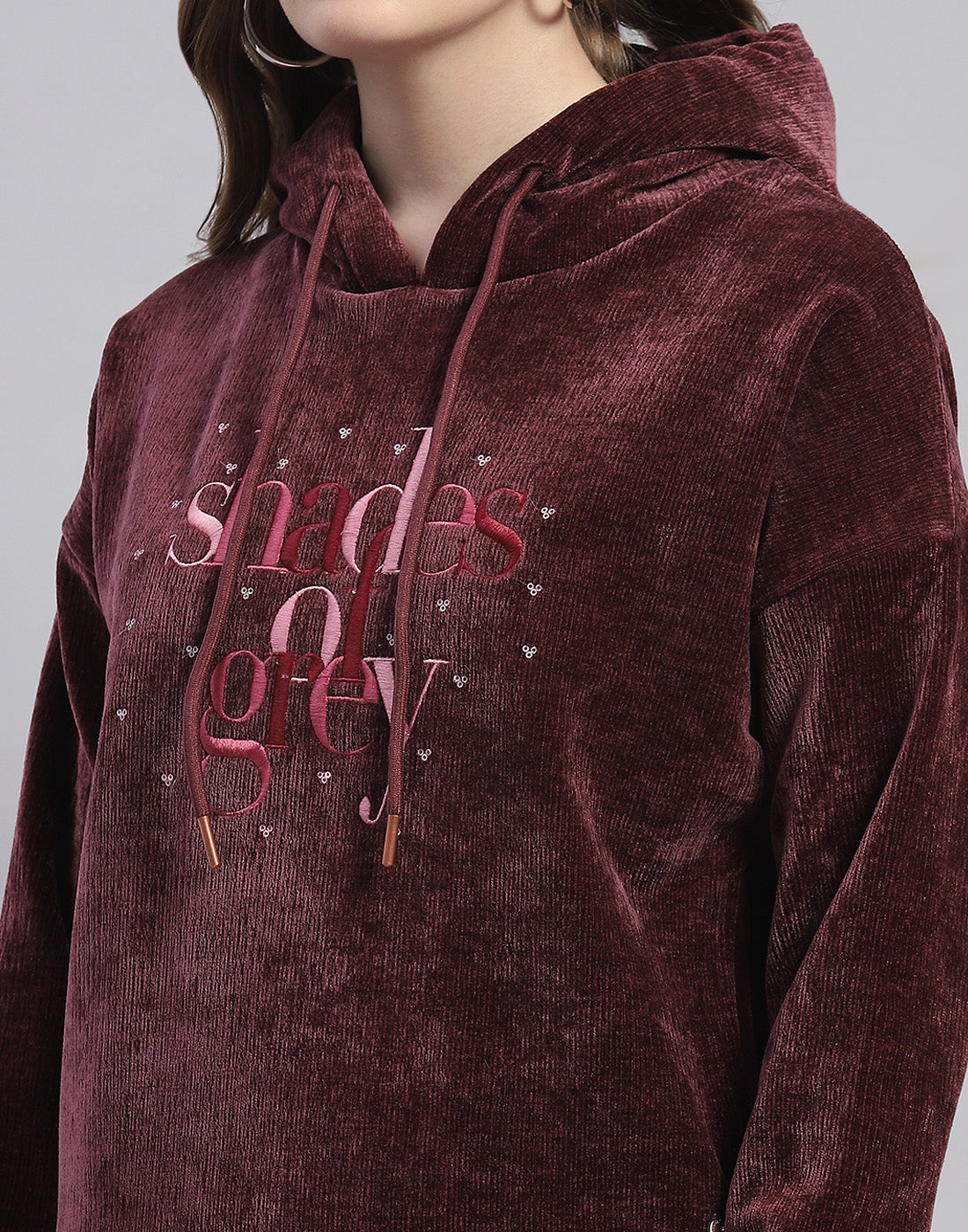 Women Maroon Embroidered Hooded Full Sleeve Sweatshirt