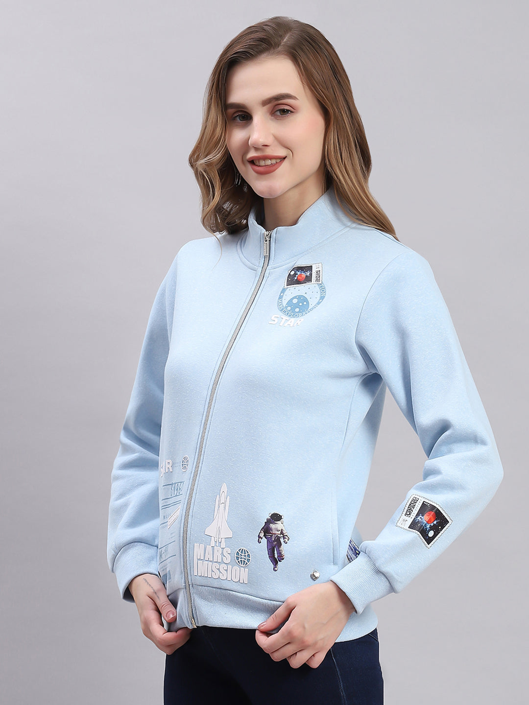 Women Blue Printed F Neck Full Sleeve Sweatshirts