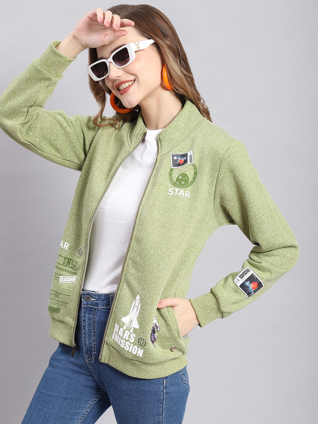 Women Green Printed F Neck Full Sleeve Sweatshirts