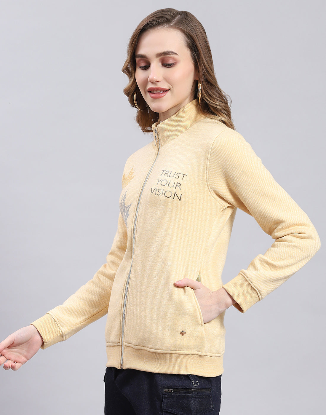 Women Yellow Printed Stand Collar Full Sleeve Sweatshirt