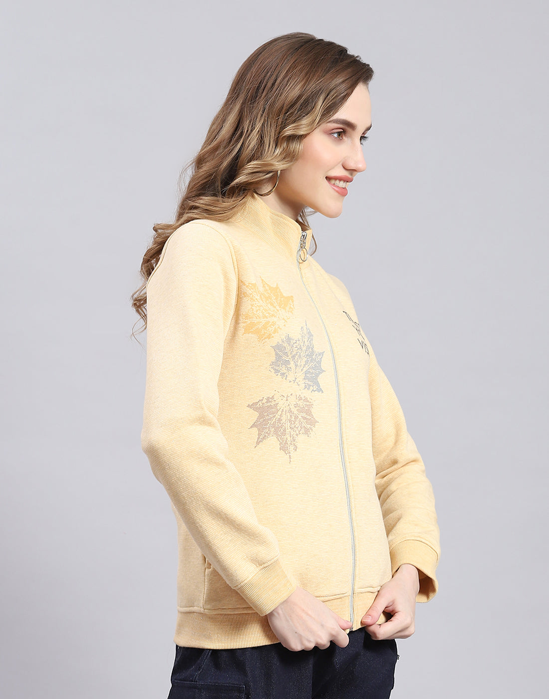 Women Yellow Printed Stand Collar Full Sleeve Sweatshirt