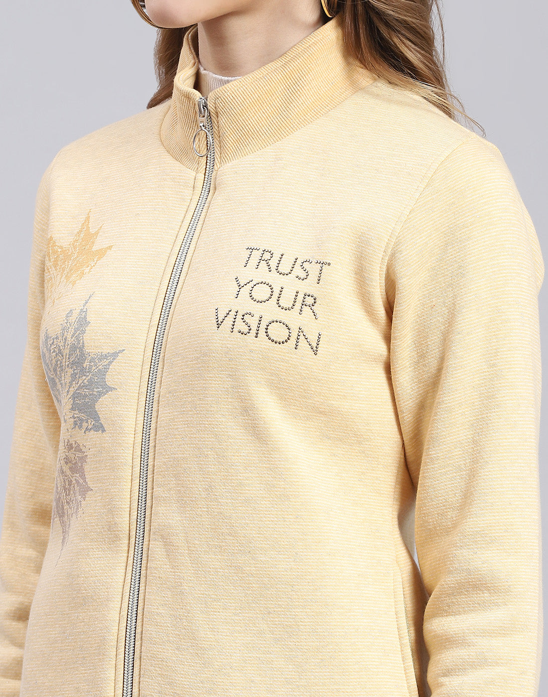 Women Yellow Printed Stand Collar Full Sleeve Sweatshirt