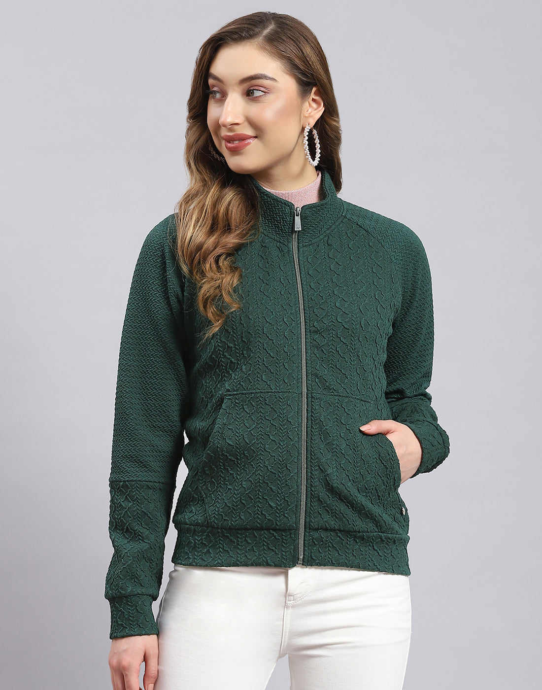 Women Green Self Design Stand Collar Full Sleeve Sweatshirt