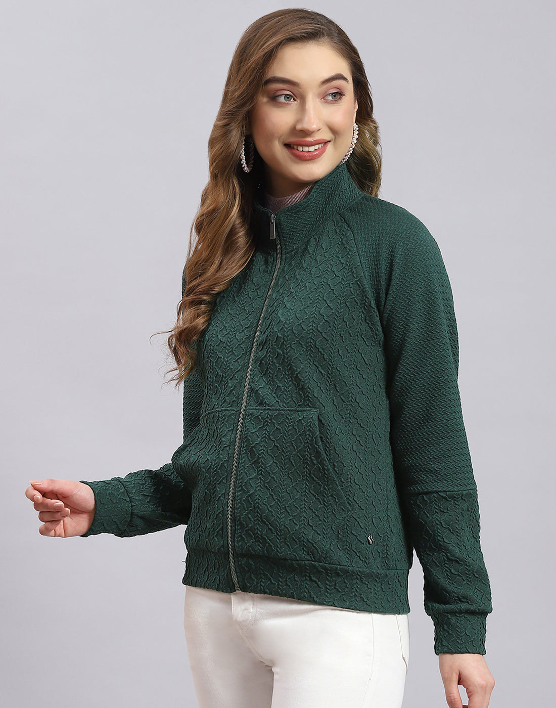 Women Green Self Design Stand Collar Full Sleeve Sweatshirt