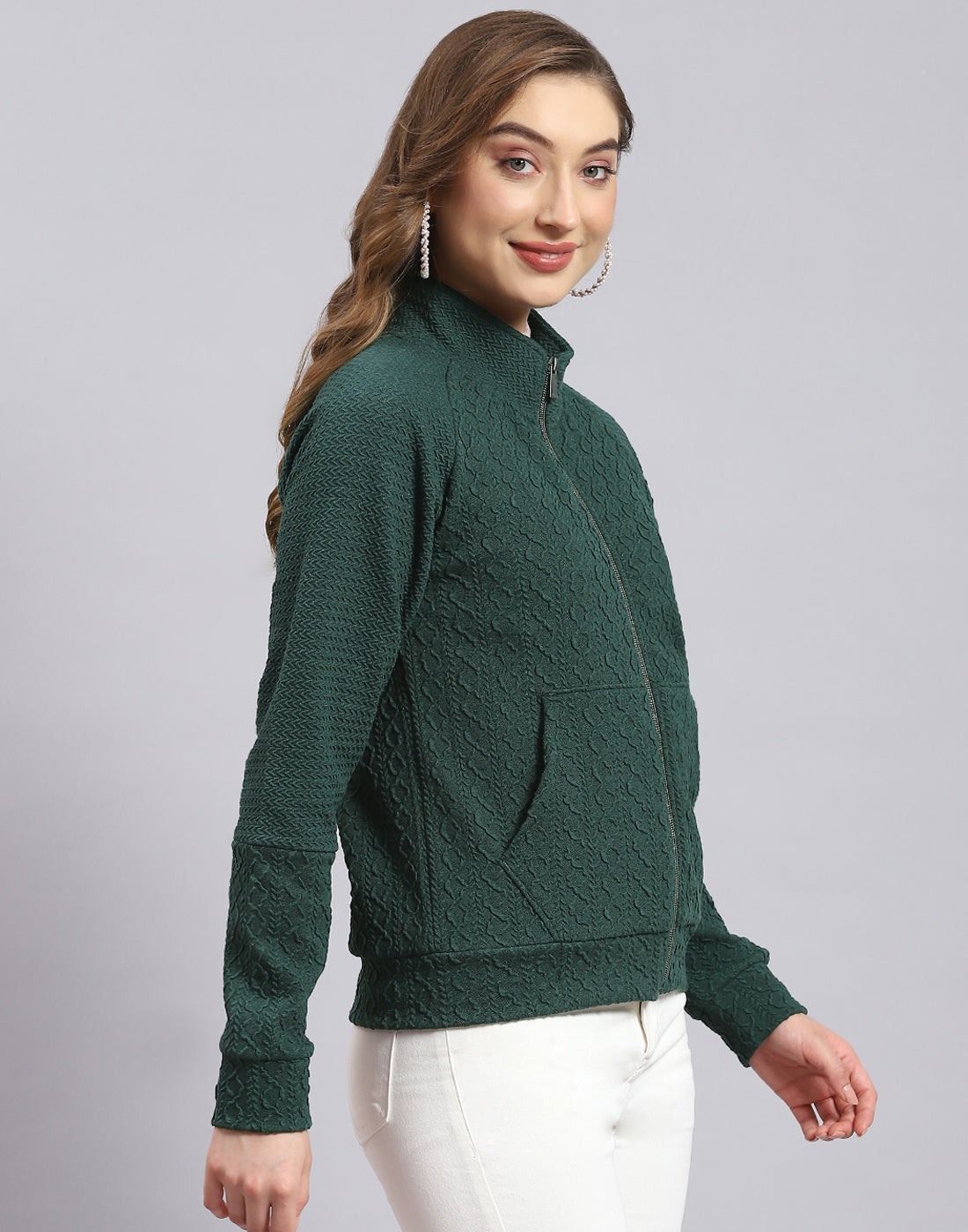 Women Green Self Design Stand Collar Full Sleeve Sweatshirt