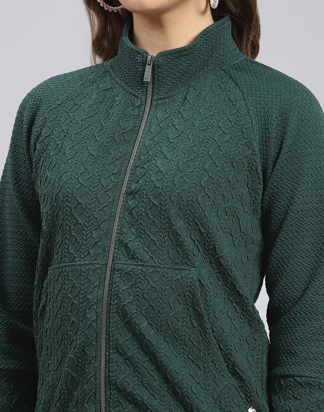 Women Green Self Design Stand Collar Full Sleeve Sweatshirt