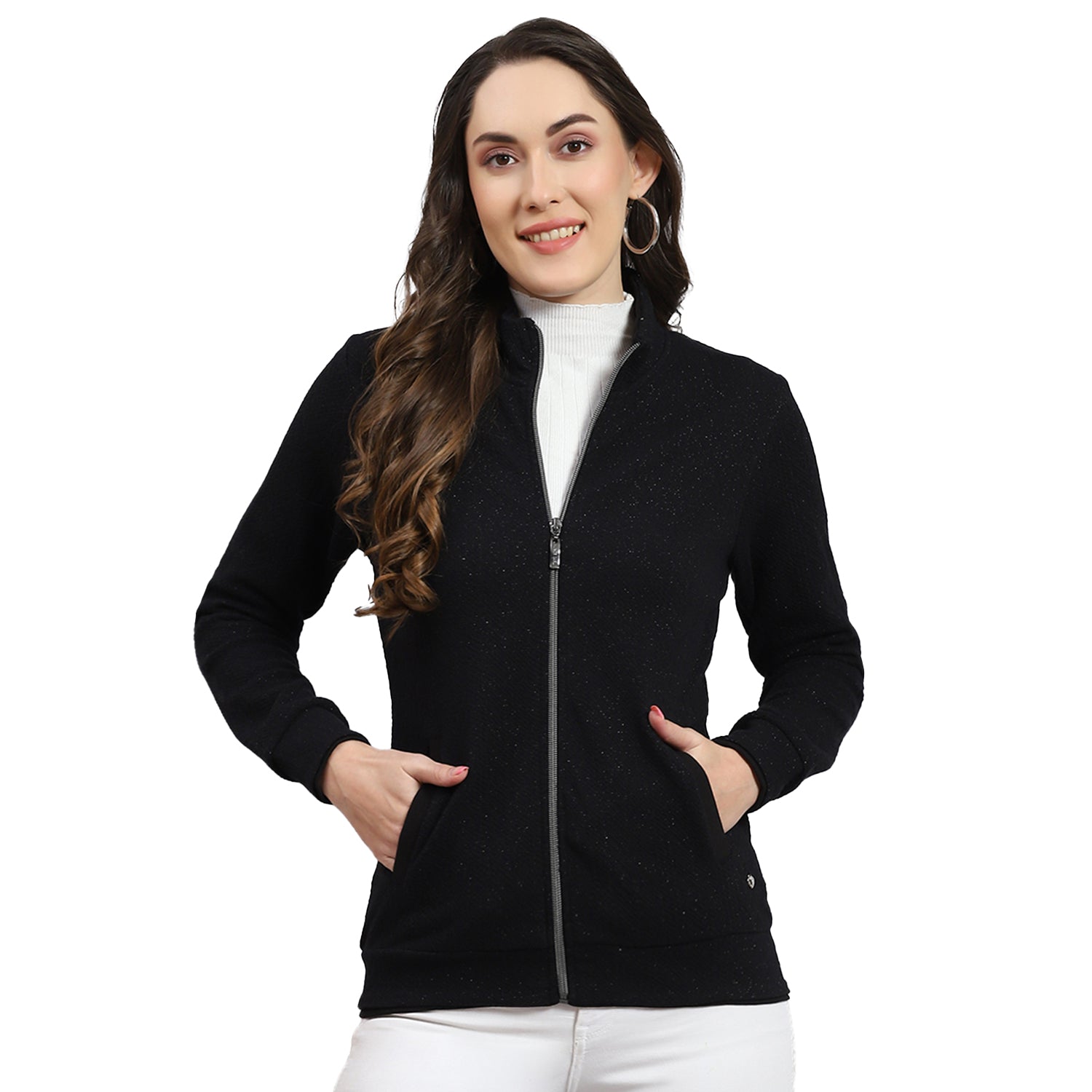 Women Black Solid Stand Collar Full Sleeve Sweatshirt