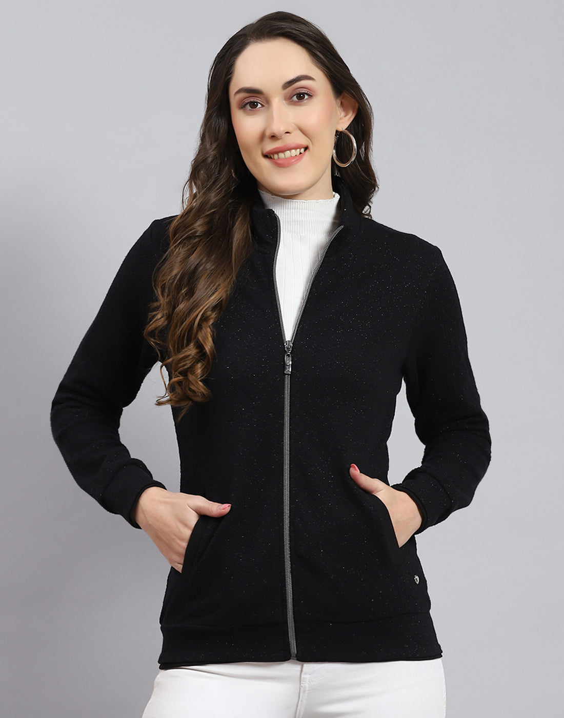 Women Black Solid Stand Collar Full Sleeve Sweatshirt