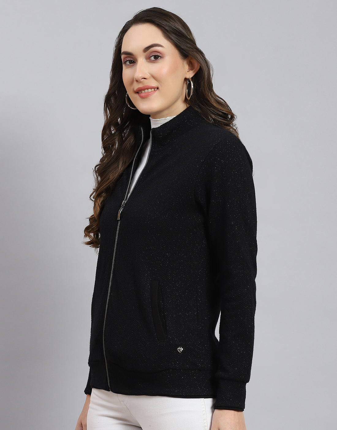 Women Black Solid Stand Collar Full Sleeve Sweatshirt