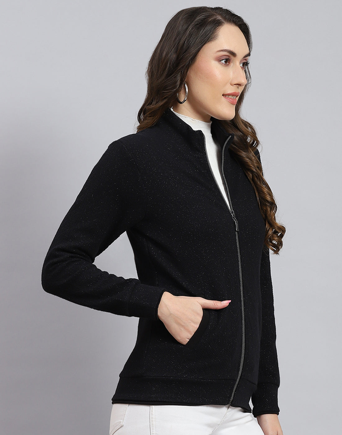 Women Black Solid Stand Collar Full Sleeve Sweatshirt