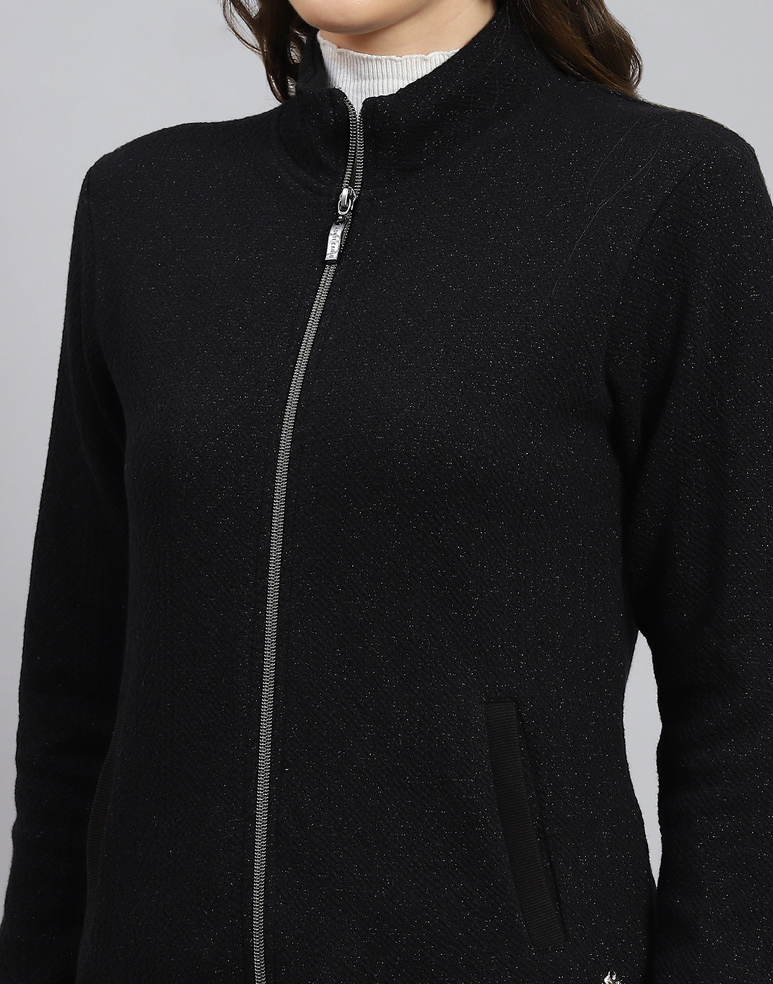 Women Black Solid Stand Collar Full Sleeve Sweatshirt