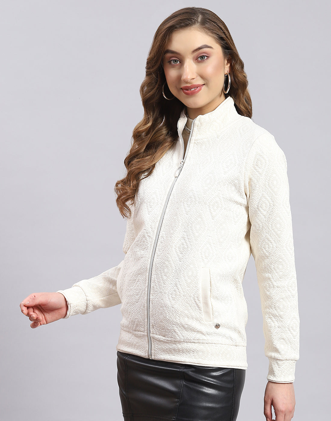 Women White Self Design Stand Collar Full Sleeve Sweatshirt