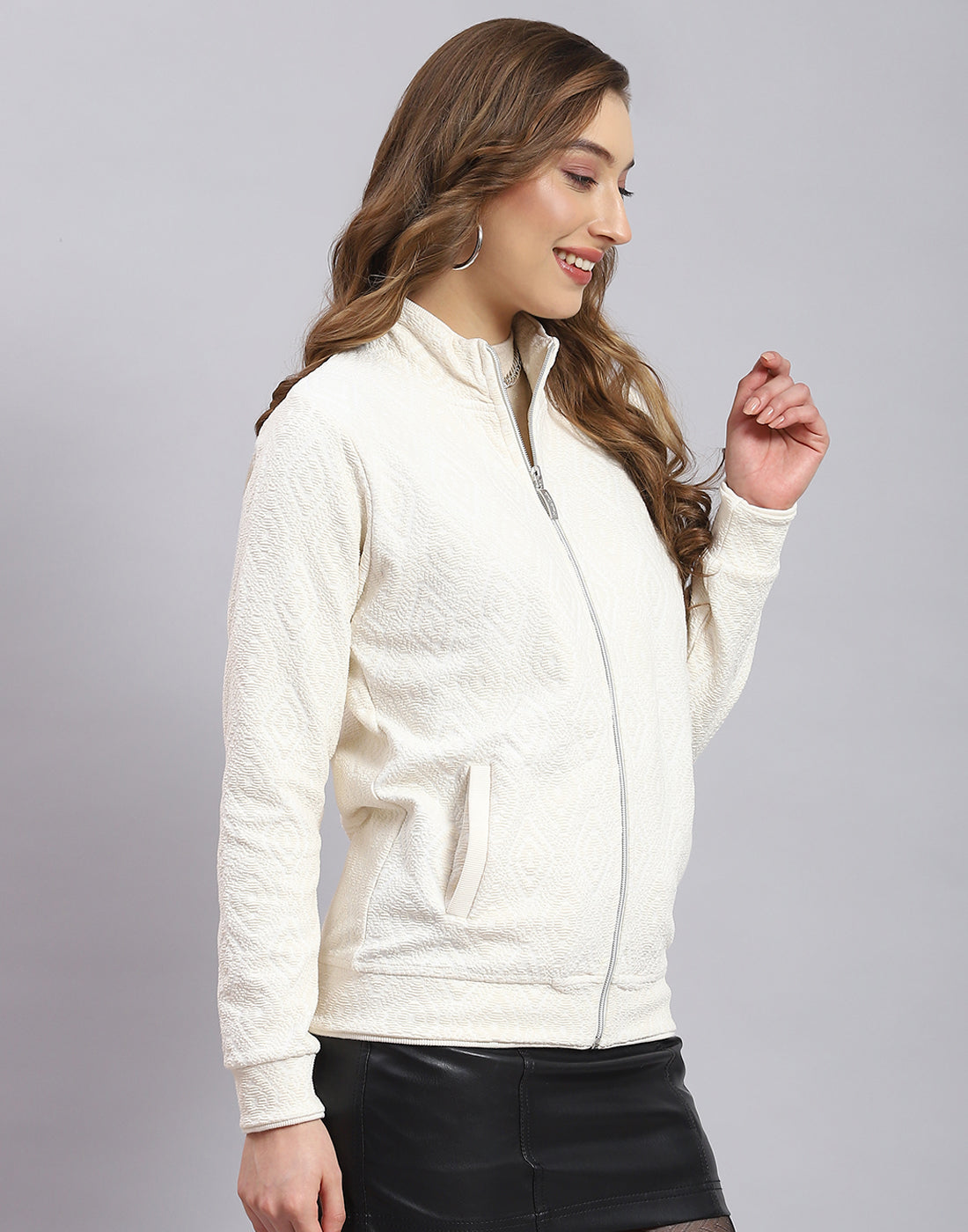 Women White Self Design Stand Collar Full Sleeve Sweatshirt