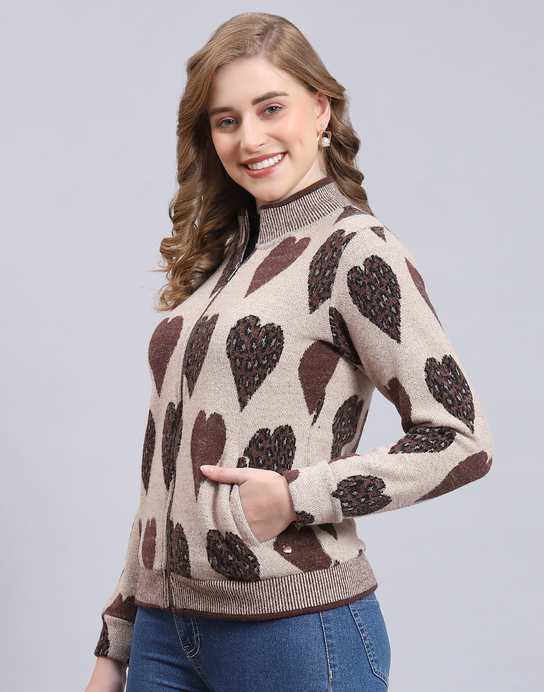 Women Beige Self Design F Neck Full Sleeve Sweatshirt