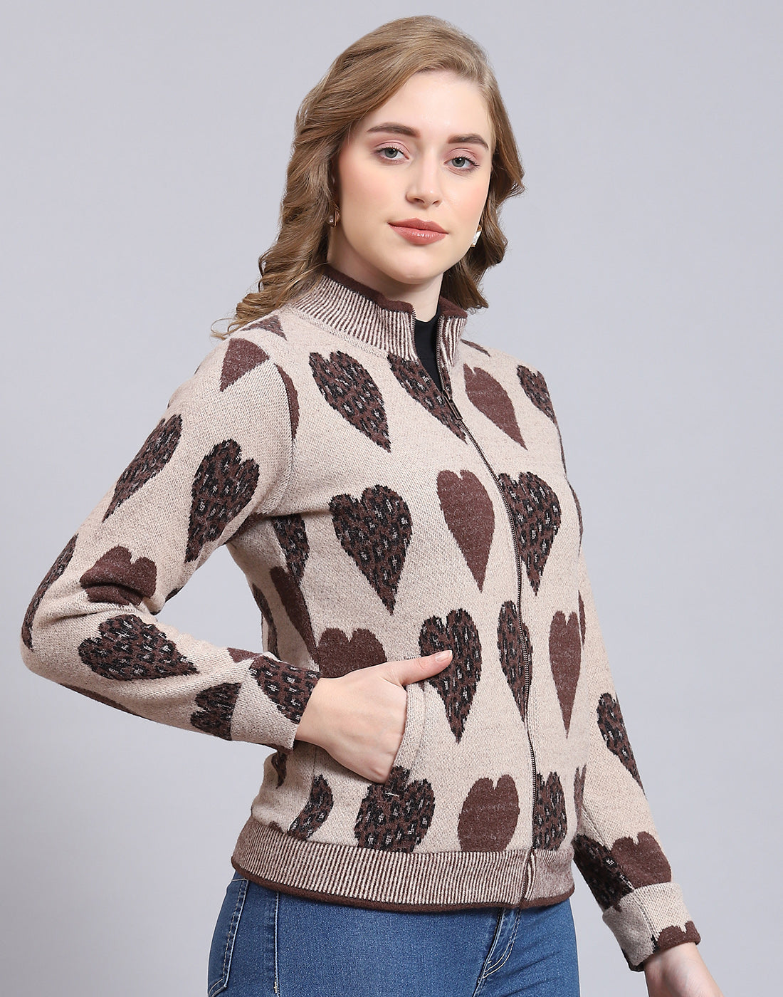 Women Beige Self Design F Neck Full Sleeve Sweatshirt