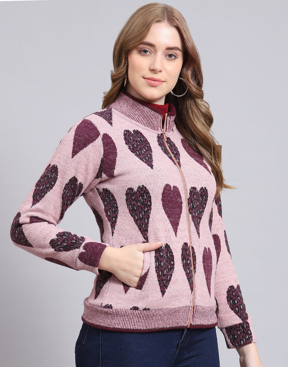 Women Purple Self Design F Neck Full Sleeve Sweatshirt