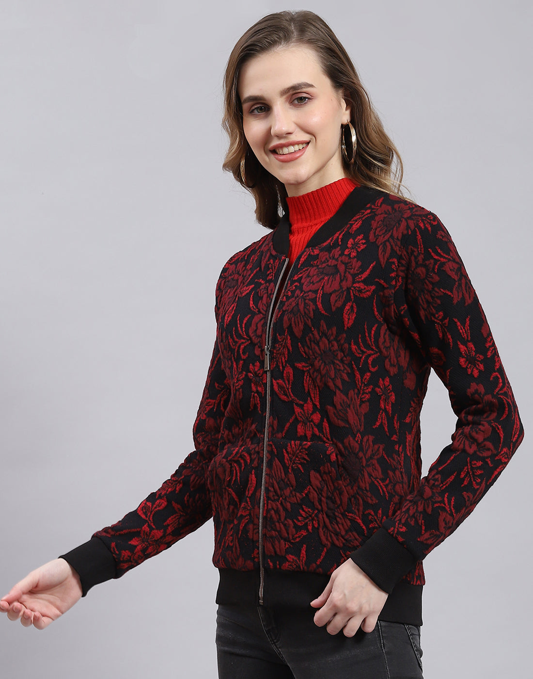 Women Red Self Design Stand Collar Full Sleeve Sweatshirt