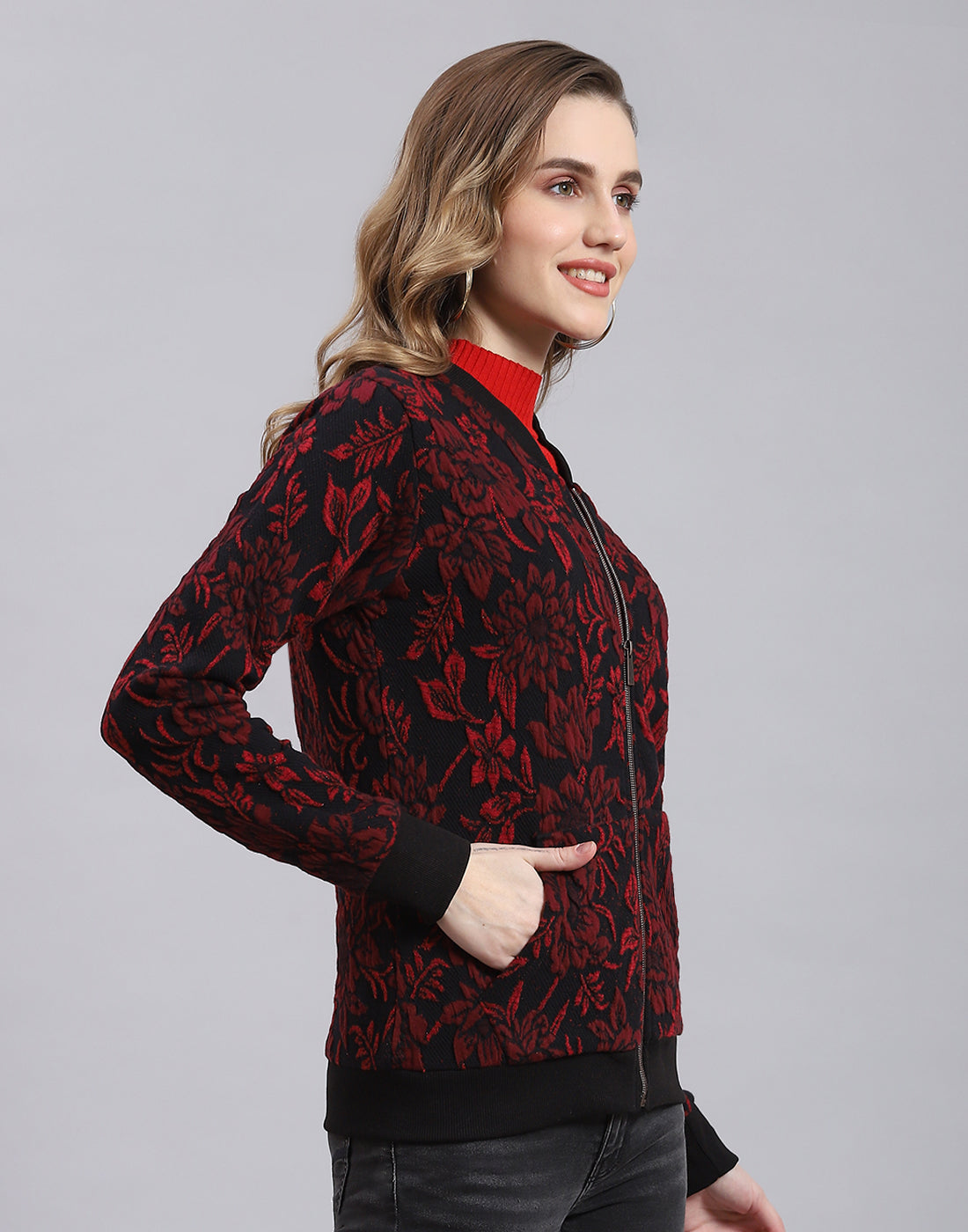 Women Red Self Design Stand Collar Full Sleeve Sweatshirt