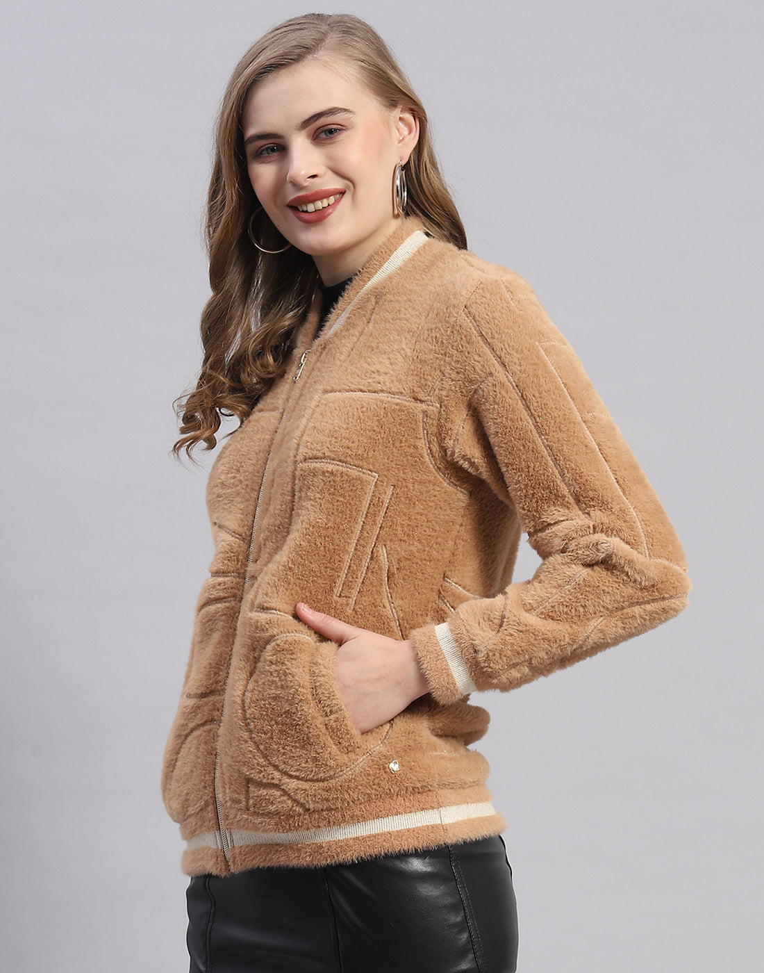 Women Camel Brown Solid Mandarin Collar Full Sleeve Sweatshirt