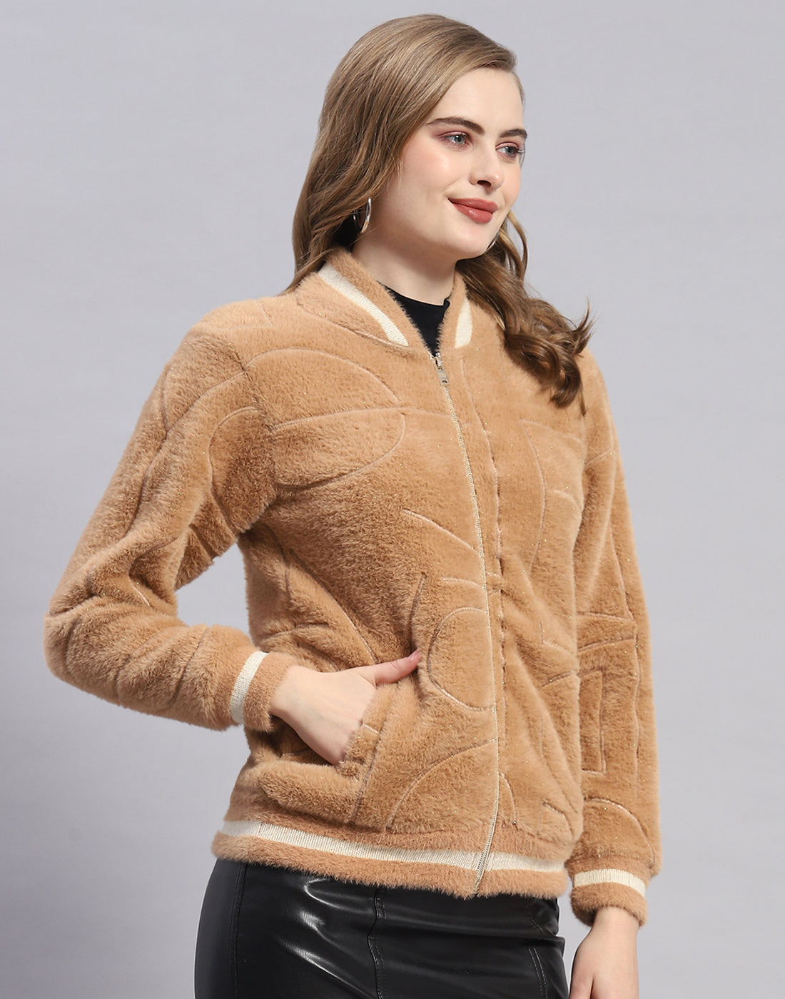 Women Camel Brown Solid Mandarin Collar Full Sleeve Sweatshirt