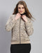 Women Khaki Printed Mandarin Collar Full Sleeve Jacket