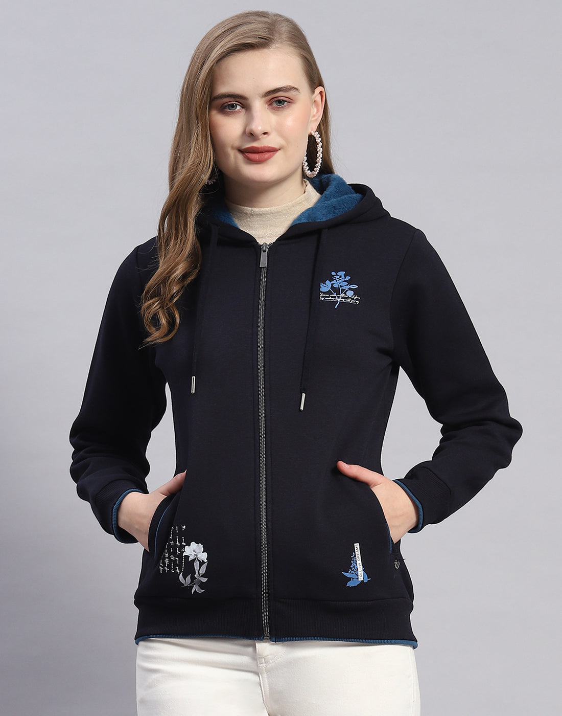 Women Navy Blue Printed Hooded Full Sleeve Sweatshirt