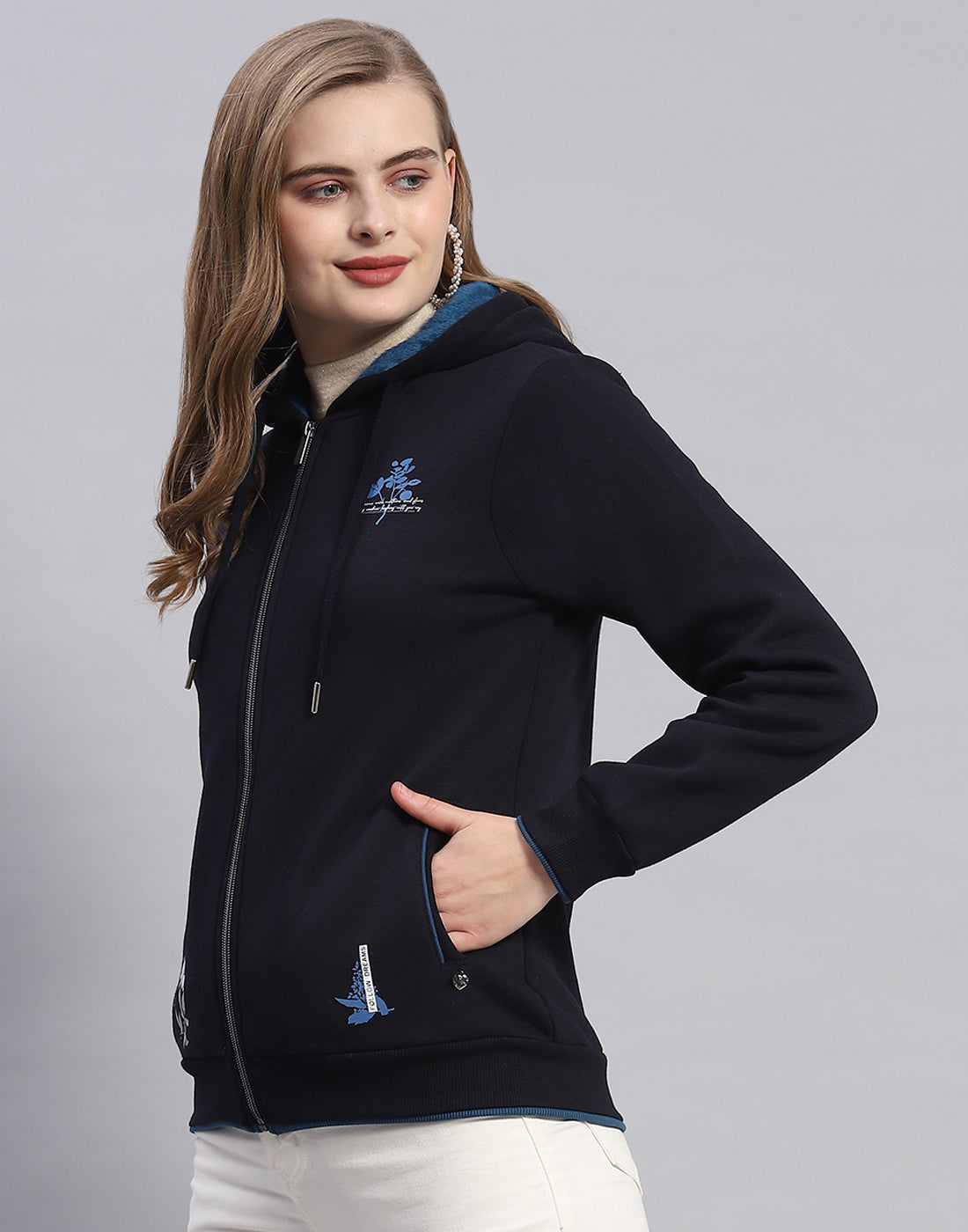 Women Navy Blue Printed Hooded Full Sleeve Sweatshirt