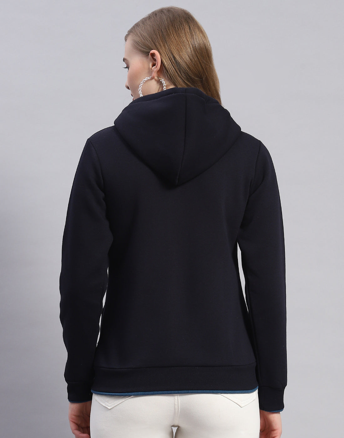 Women Navy Blue Printed Hooded Full Sleeve Sweatshirt