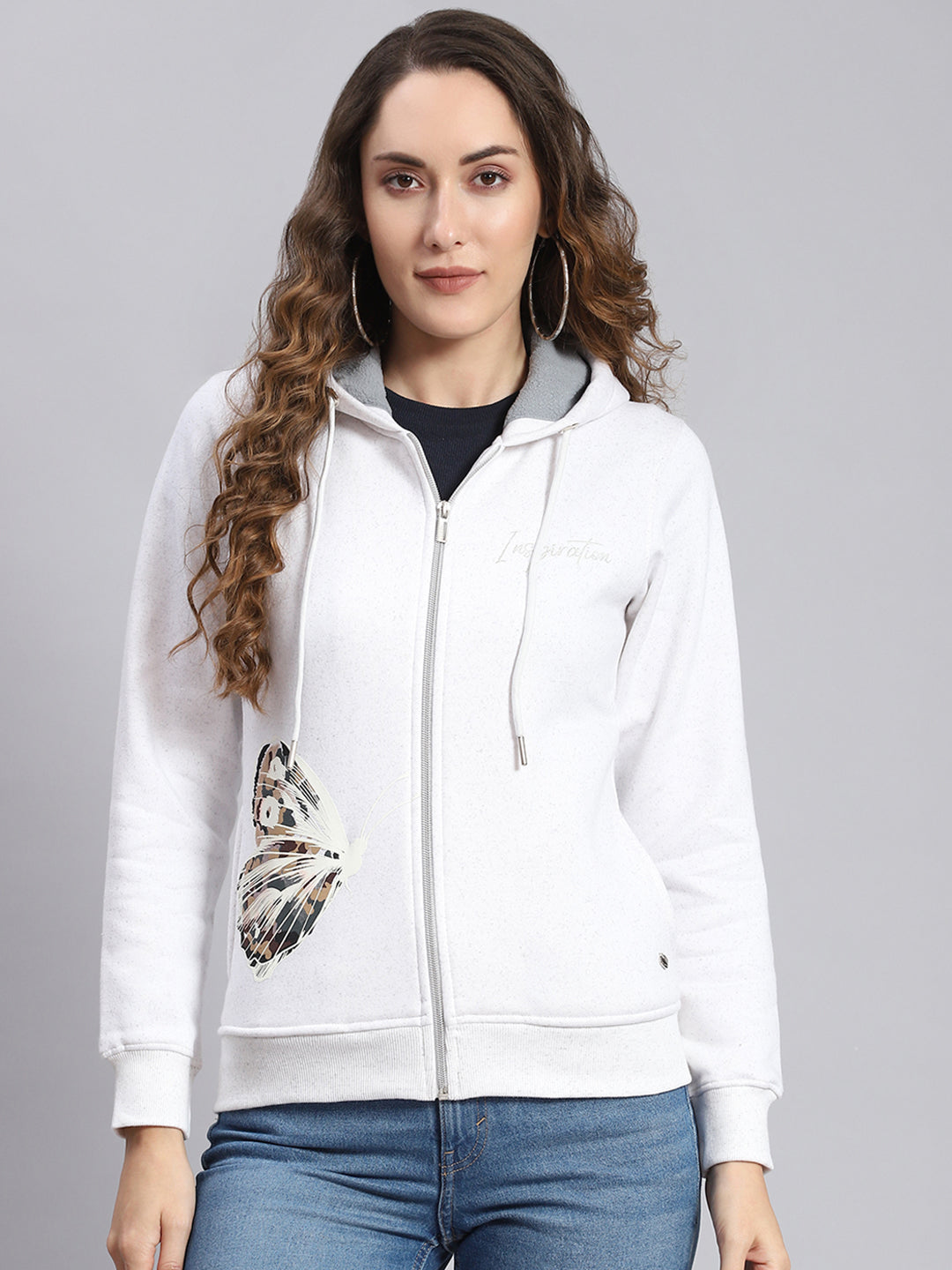 Women White Printed Hooded Full Sleeve Sweatshirts