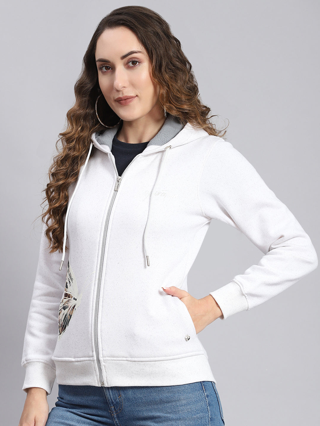 Women White Printed Hooded Full Sleeve Sweatshirts