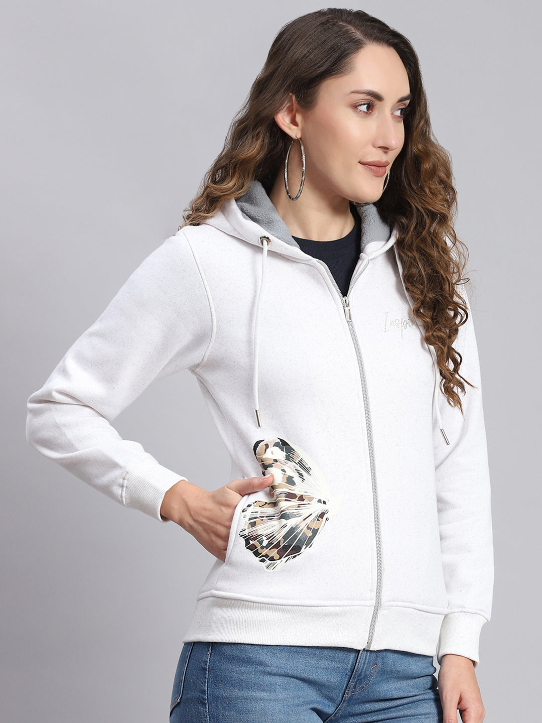 Women White Printed Hooded Full Sleeve Sweatshirts