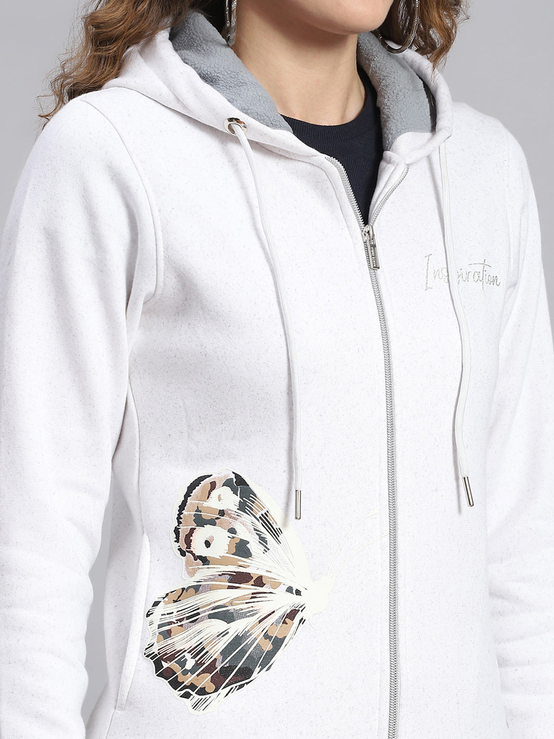 Women White Printed Hooded Full Sleeve Sweatshirts