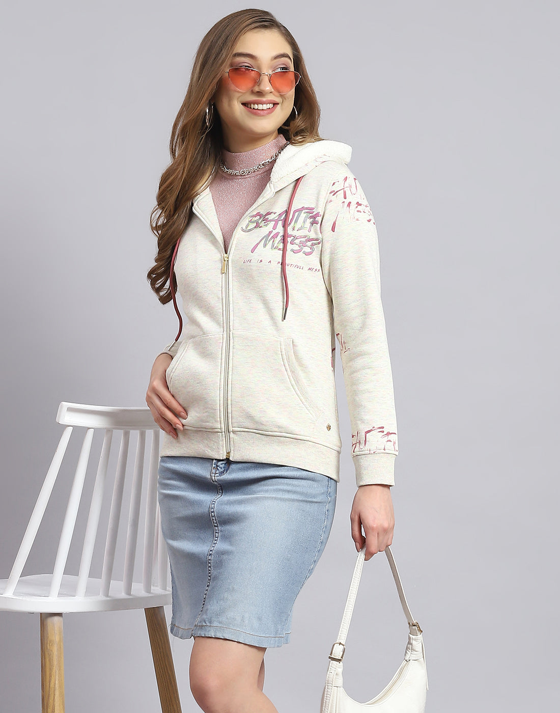 Women Grey Printed Hooded Full Sleeve Sweatshirt