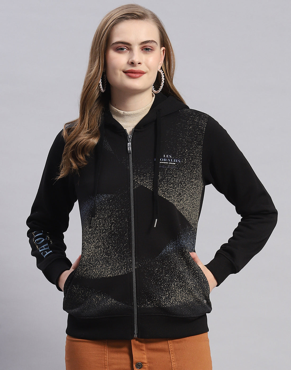 Women Black Printed Hooded Full Sleeve Sweatshirt