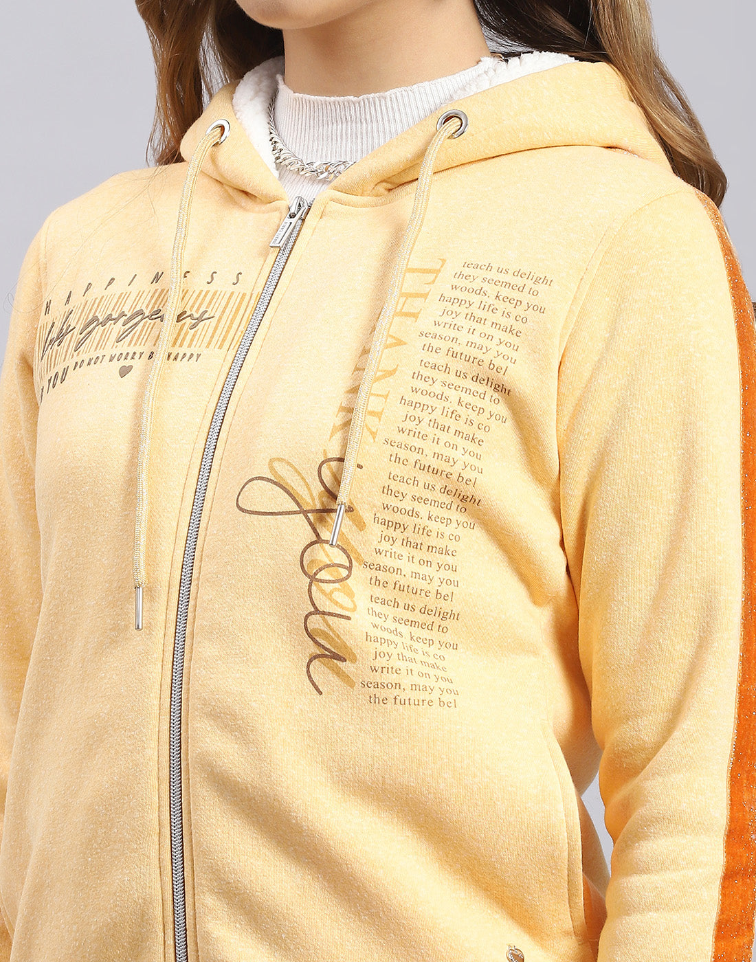 Women Beige Printed Hooded Full Sleeve Sweatshirt