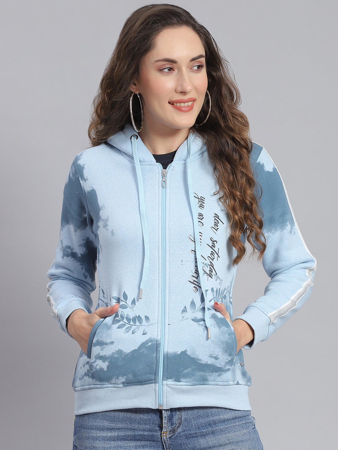 Women Blue Printed Hooded Full Sleeve Sweatshirts