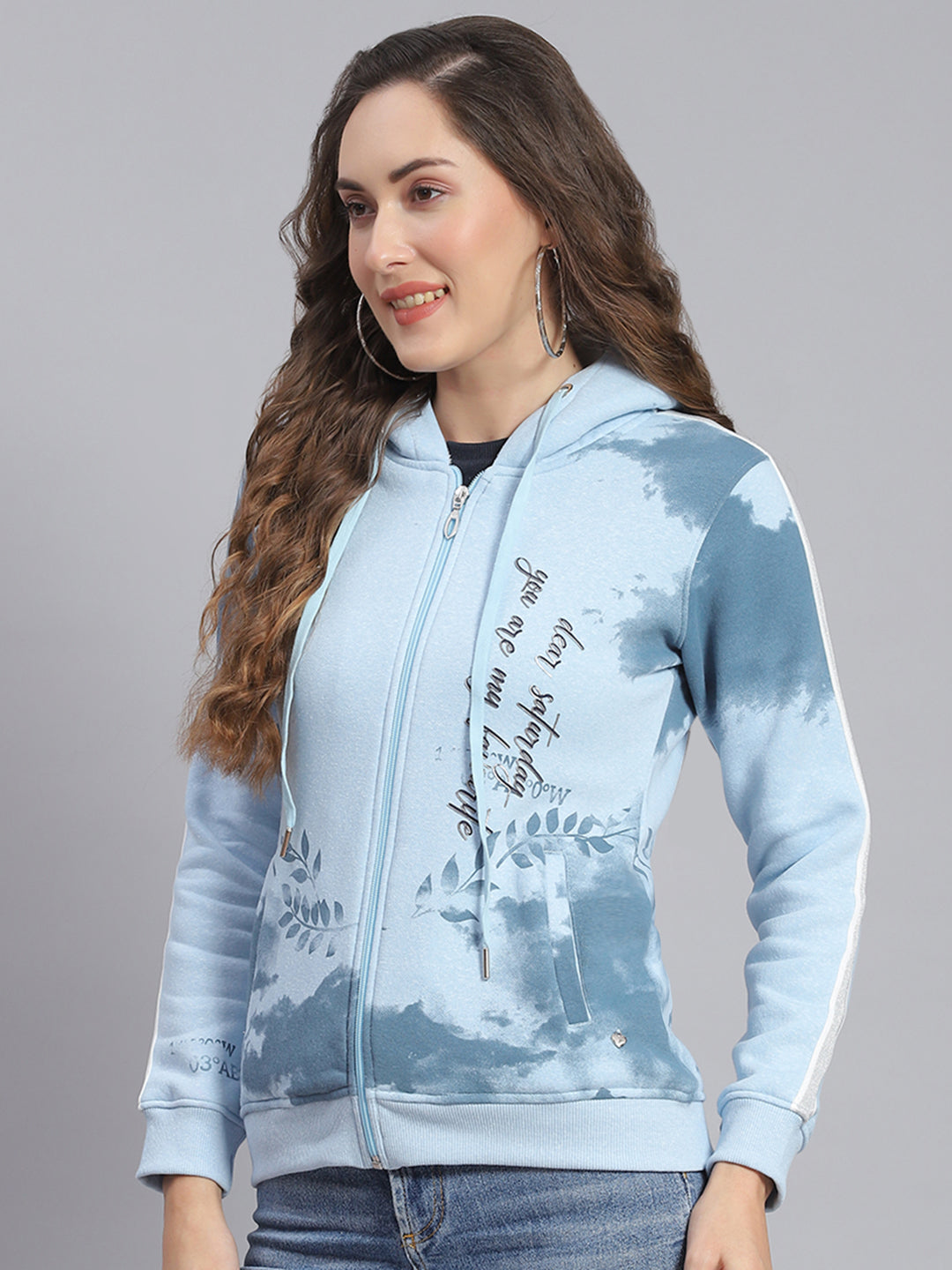 Women Blue Printed Hooded Full Sleeve Sweatshirts